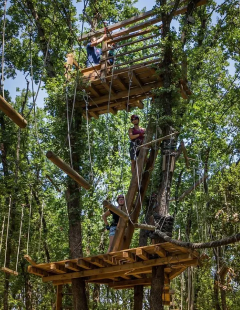 In the image, individuals are engaging in outdoor activities at Medulin Adventure Park. They are on a high rope obstacle course set among tall, leafy trees. A person is seen balancing on a wooden element, with safety harnesses securely attached to overhead lines. The course includes a variety of wooden platforms and suspended bridges, offering an adventurous experience in a natural, forested environment.