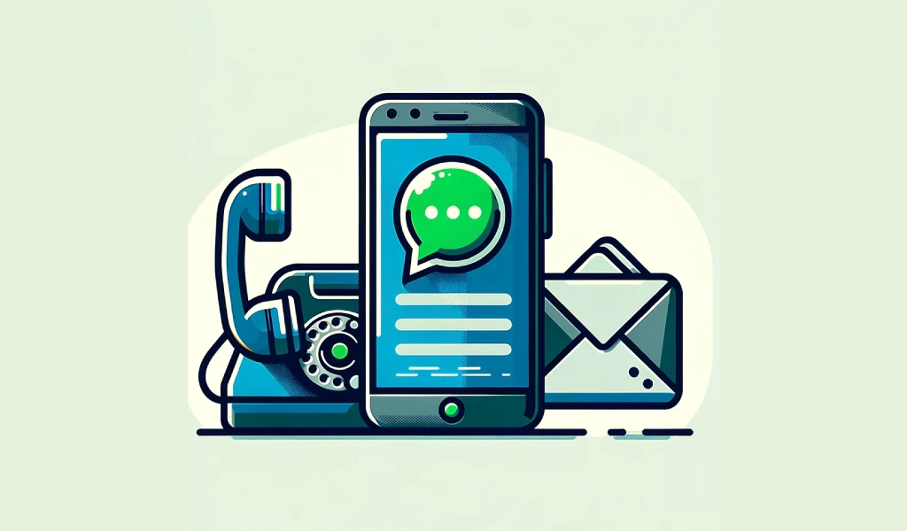 An illustration showing a trio of communication tools: a modern smartphone with a screen displaying a green chat bubble icon, similar to WhatsApp, to the left; an old-fashioned rotary dial landline phone in the center; and a symbol for email, represented by an envelope with an '@' sign, to the right. The composition captures the evolution of communication technology from past to present.