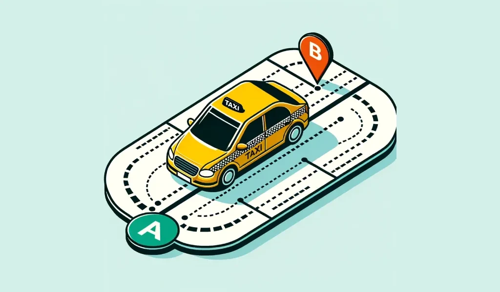 An illustration depicting a yellow taxi car with checkered details on the side, driving on a stylized road from point A to point B. Point A is represented by a green circle with a white 'A' on the left, and point B by a red circle with a white 'B' on the right. The road has dashed lines to show the path and movement of the taxi. The background is a simple light blue, emphasizing the journey concept.