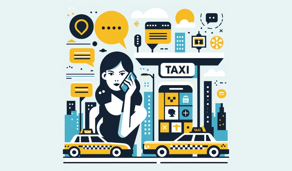 An infographic-style illustration designed for a website, depicting a stylized woman speaking on her smartphone in front of a taxi stand. The scene includes several yellow taxis with black and white checkered details, aligned and ready for passengers. The background features simplified representations of city buildings, creating an urban context. Icons and textual elements, such as a speech bubble near the smartphone and taxi symbols, are included to highlight the themes of communication and transportation. The color scheme is bright and engaging, making the illustration visually appealing and informative for website visitors.