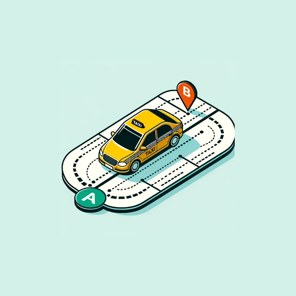 An illustration depicting a yellow taxi car with checkered details on the side, driving on a stylized road from point A to point B. Point A is represented by a green circle with a white 'A' on the left, and point B by a red circle with a white 'B' on the right. The road has dashed lines to show the path and movement of the taxi. The background is a simple light blue, emphasizing the journey concept.