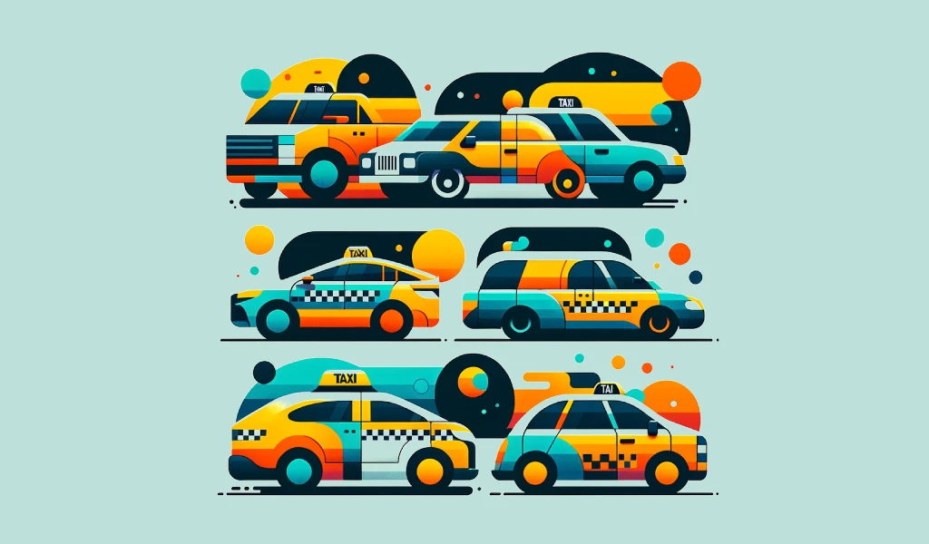 A minimalist illustration showcasing a variety of stylized taxi vehicles, including a sedan, an SUV, a van, and a limousine, depicted in vibrant colors against a simple background. Each car is rendered in a clean, abstract manner with distinct shapes, symbolizing the diverse fleet available to cater to different customer needs and preferences in the taxi service.