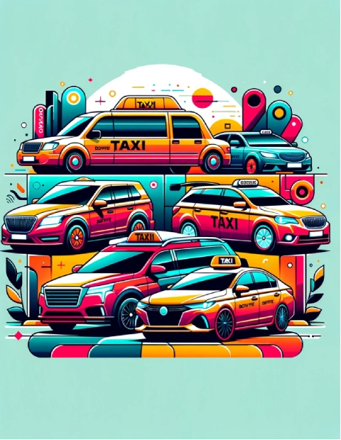 "Colorful and dynamic illustration for a taxi service's diverse fleet section, showcasing a variety of stylized taxis in multiple shapes and sizes, including a sleek limousine, a spacious van, and sporty small cars. Each vehicle is adorned with the classic taxi checker pattern and vividly colored in a modern, graphic style against an urban backdrop with abstract buildings and geometric shapes under a sunset sky.