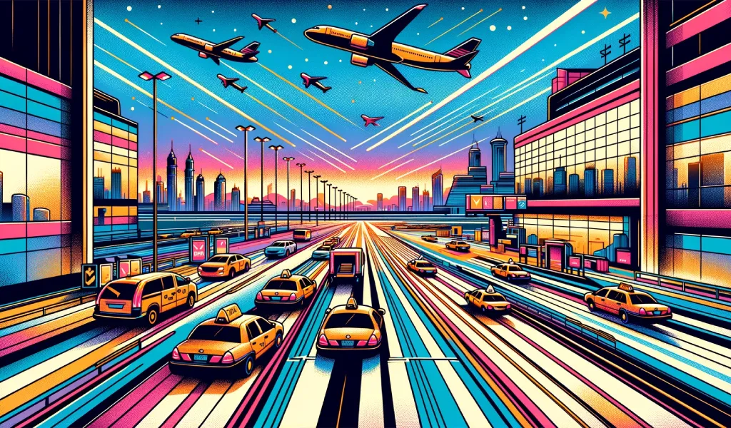 An illustrative panorama depicting a bustling airport scene at dusk. The image is alive with taxis in a queue, vibrant neon lights of the airport terminal, and airplanes soaring in the sky. The foreground shows a stream of taxis on a radiant, multi-lane road leading to the terminal. The background features a city skyline with silhouetted skyscrapers against a sunset sky transitioning to night, as stars begin to twinkle. The artwork captures the dynamic energy of travel and the rhythm of an airport in a highly stylized and colorful manner.