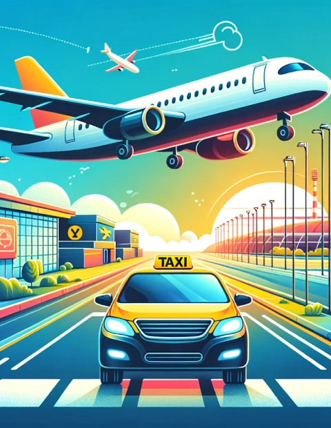 An airplane taking off from an airport runway in the background, with a taxi car parked in the foreground, ready for passengers. The scene is vibrant, illustrating the seamless connection between air travel and ground taxi service, with no signs or characters in the image. The focus is on the efficient transition from the airplane to the taxi, highlighting the concept of quick and convenient airport transfers.