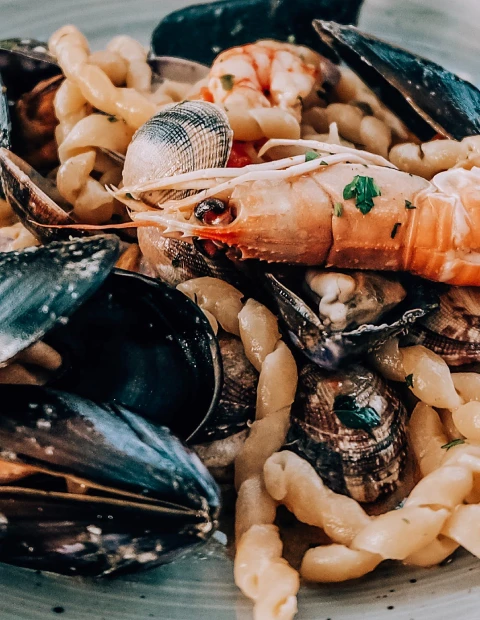 This is a close-up image of a seafood pasta dish, featuring succulent prawns, clams, and mussels, all nestled among twisted noodles. The shellfish and pasta are garnished with chopped parsley, adding a touch of green to the earthy tones of the meal. The focus and lighting emphasize the textures and details of the seafood, highlighting the freshness and quality of the ingredients. Photo by Julia Khalimova.