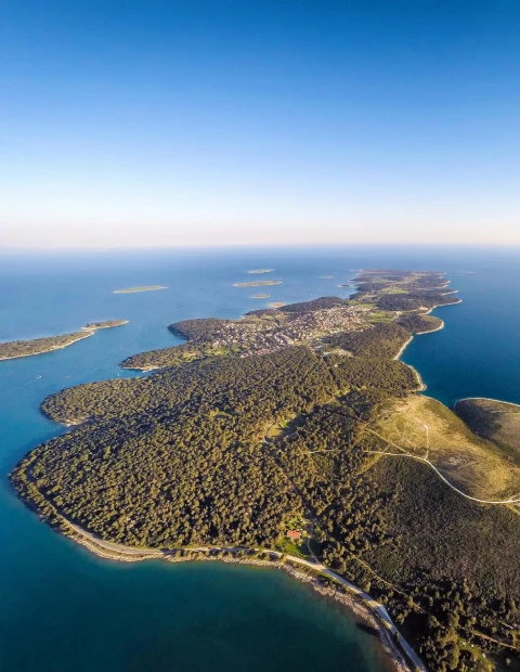 An aerial view of Nature Park Kamenjak, located near Pula, Croatia.