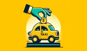 An illustration of a coin being inserted into a taxi car from above like a piggy bank