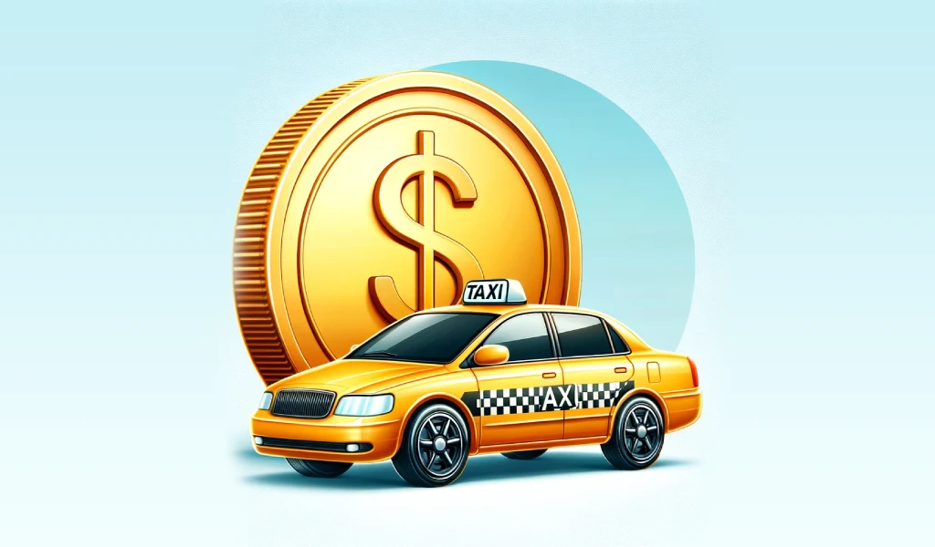 An illustration of a yellow taxi with checkered details on the sides and the taxi light on top illuminated, indicating availability. Beside it stands a large gold coin with a dollar sign embossed in the center, symbolizing the fare or cost of the taxi service. The coin is positioned on its edge, highlighting its size and shine against a subtle gradient background that transitions from light blue to white, resembling a clear sky.