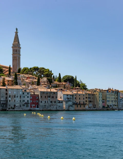 This image depicts the coastal cityscape of Rovinj, Croatia, viewed from the sea. Historic, multicolored buildings line the waterfront, gradually leading up to the prominent landmark of the city, the church of St. Euphemia, with its tall bell tower rising above the clustered houses. The Adriatic Sea in the foreground is a deep blue, with a row of bright yellow mooring buoys floating near the shore. The sky is clear and blue, indicating a sunny day.