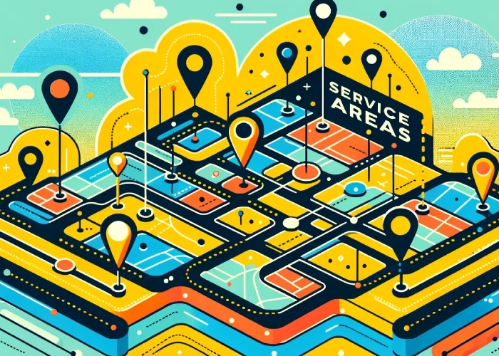 A vibrant and stylized graphic illustration of a map, depicting various service areas with multiple location pins. The map is presented in an isometric perspective, with colorful blocks representing different districts or zones. Bright yellow location markers stand out against the blue, orange, and cream-colored segments of the map. Dotted and solid lines suggest streets and pathways. The backdrop features playful cloud patterns and a rising or setting sun, adding to the whimsical nature of the scene. The words "SERVICE AREAS" appear in a sign-like font at the top, anchoring the theme of the illustration.