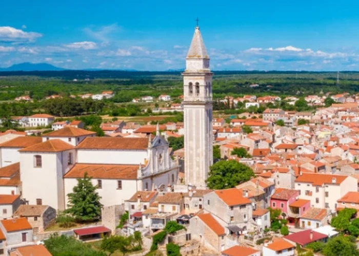 An elevated view of Galižana, a quaint town characterized by its terracotta-roofed buildings and narrow streets. Dominating the skyline is a tall bell tower with a pointed spire, adjacent to a large church with a pristine white facade. The town spreads out from this central point, with houses packed closely together, creating a tapestry of reds and whites. In the background, the landscape transitions into open fields and stretches of greenery, with a backdrop of blue mountains under a clear sky, highlighting the town's serene setting in the Croatian countryside.