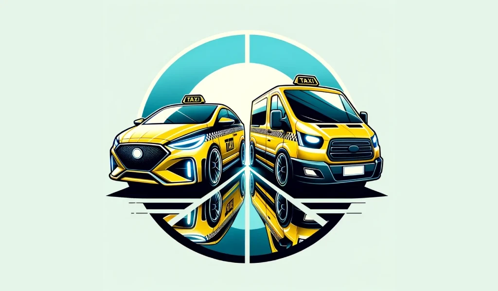 An illustration of a modern yellow taxi car and taxi van, both adorned with black and white checkered details, facing forward within a circular frame. The car boasts a sleek, aerodynamic design, while the van is more robust, both reflecting contemporary automotive styles. They're set against a gradient of light to medium blue that fills the circle, symbolizing a range of modern taxi services. The composition is a blend of dynamic lines and reflective surfaces, giving a sense of sophistication and readiness for passenger service.