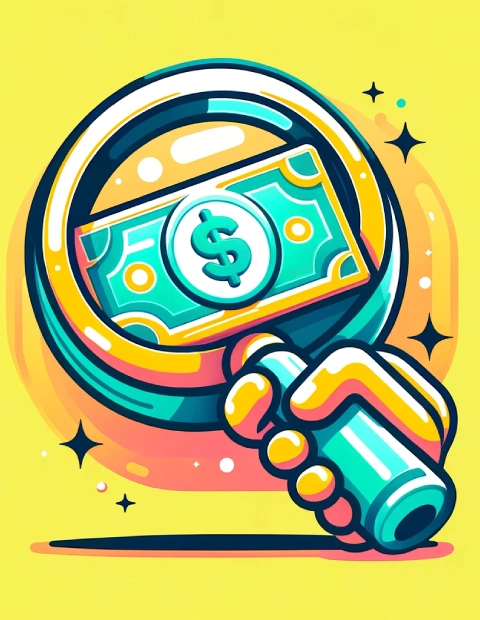 A colorful illustration depicting a magnifying glass scrutinizing a symbolic, cartoon-style green banknote, which is detailed and vibrant under the lens, against a bright yellow background. The magnifying glass signifies a focus on transparency, with sparkling stars around it emphasizing clarity, suggesting a commitment to transparent pricing in a playful and engaging manner.