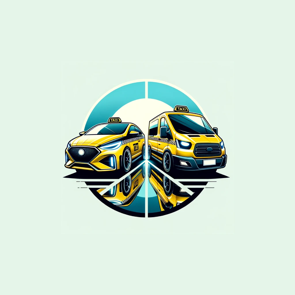 An illustration of a modern yellow taxi car and taxi van, both adorned with black and white checkered details, facing forward within a circular frame. The car boasts a sleek, aerodynamic design, while the van is more robust, both reflecting contemporary automotive styles. They're set against a gradient of light to medium blue that fills the circle, symbolizing a range of modern taxi services. The composition is a blend of dynamic lines and reflective surfaces, giving a sense of sophistication and readiness for passenger service.