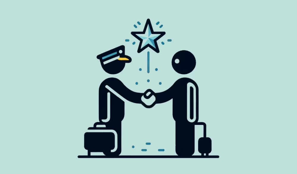 A minimalist illustration depicting a handshake between two stick figures, one wearing a simple hat symbolizing a taxi driver and the other holding luggage, representing a customer. Above their handshake, a bright star symbolizes excellent service and customer satisfaction. The plain or abstract background emphasizes the figures and the star, conveying a message of trust and high-quality service in the taxi industry with contrasting colors.